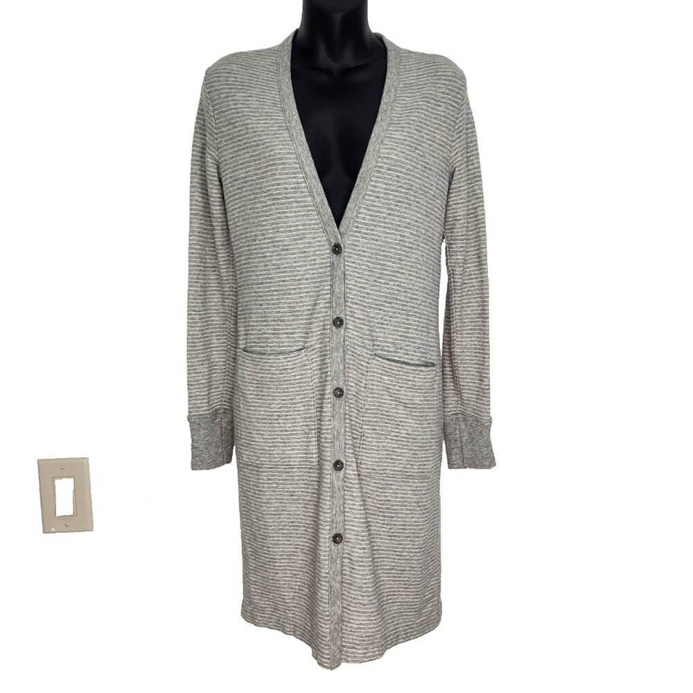James Perse NWT French Terry Long Striped Cardigan Size 0 (XS) Gray White Button